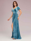 Elegant Velvet V-neck Side Slit Short Sleeves Long Bridesmaid Dresses Online