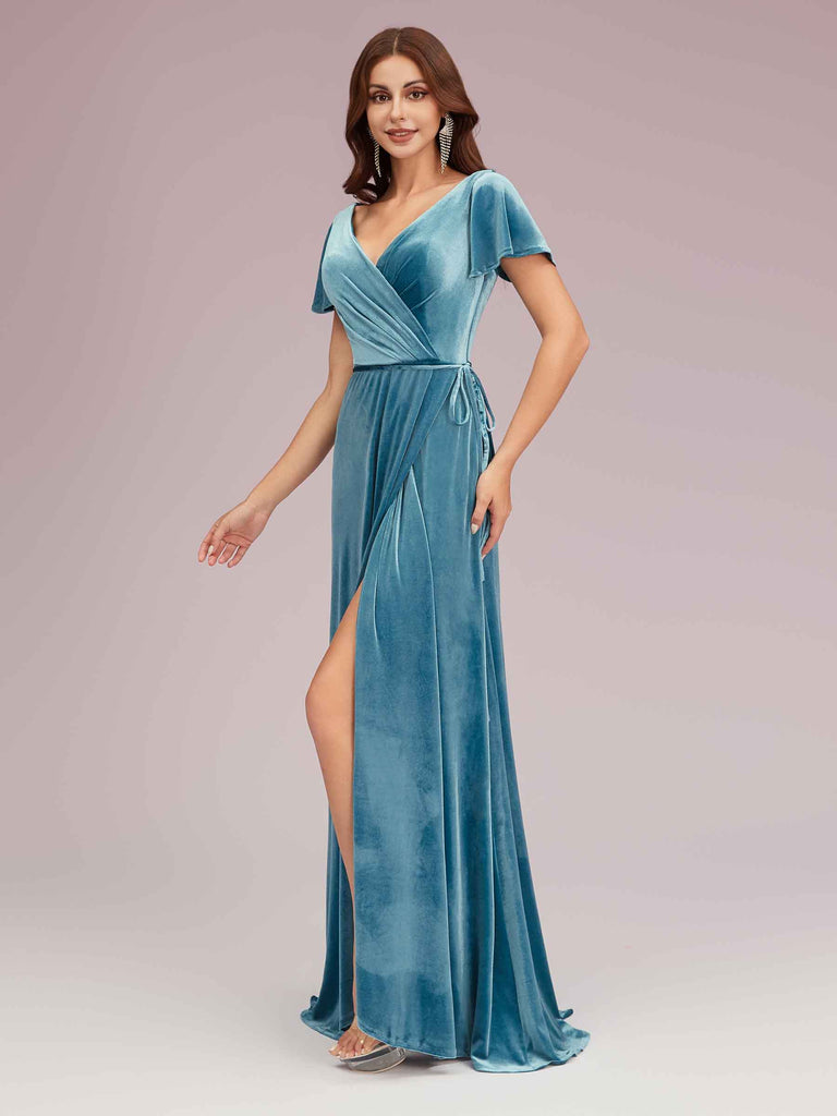 Cetims Elegant Velvet V neck Side Split Short Sleeves Long Bridesmaid Dresses Terracotta