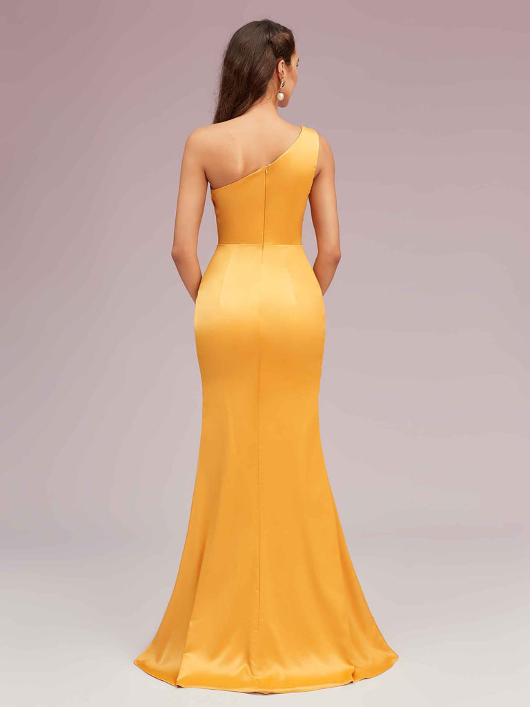 Elegant One Shoulder Mermaid Side Slit Silky Satin Evening Prom Dresses Online