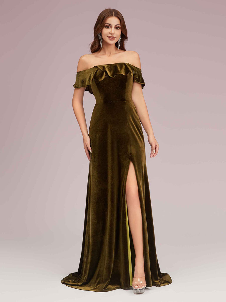 off the shoulder velvet bridesmaid dresses Draped Cuff Off-the-shoulder Velvet Maxi Bridesmaid Dress With Pockets In Black