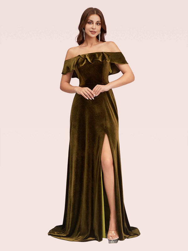 Elegant Off Shoulder Side Slit Long Velvet Bridesmaid Dresses Online