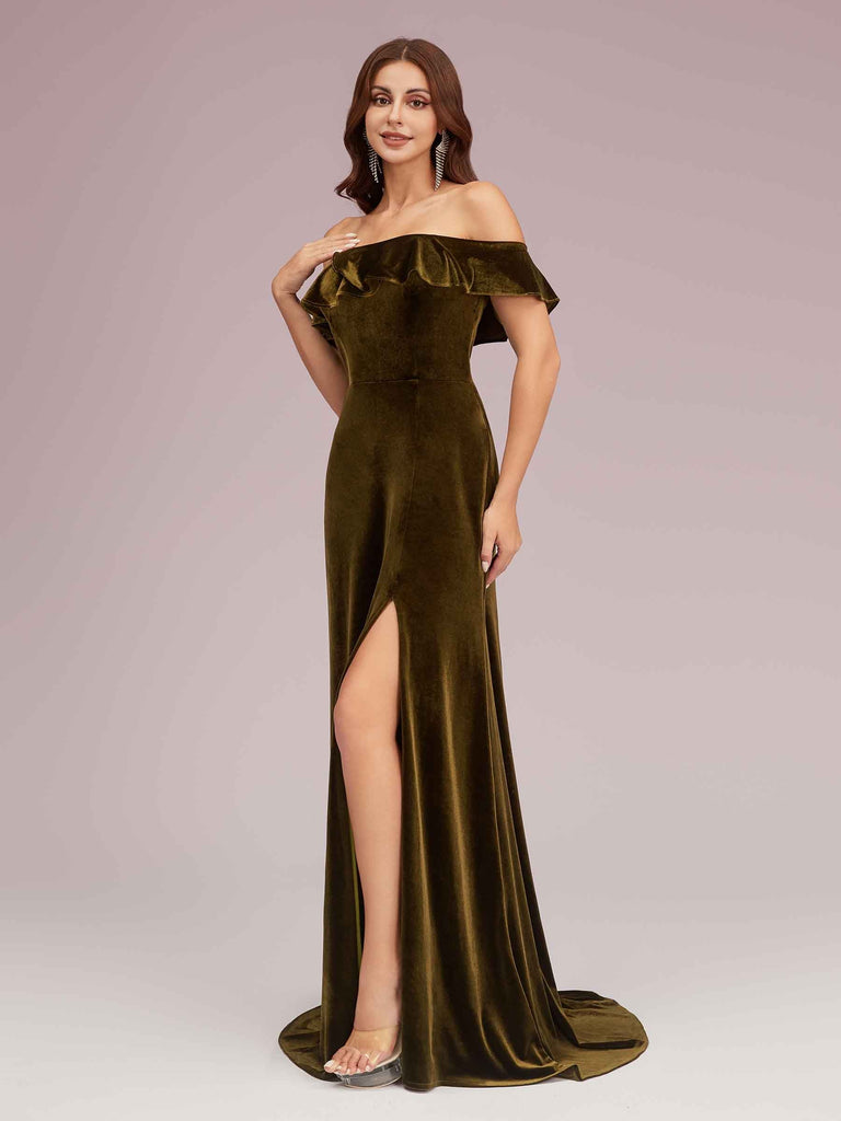 Elegant Off Shoulder Side Slit Long Velvet Bridesmaid Dresses Online For Sale Elegant Off Shoulder Side Slit Long Velvet Bridesmaid Dresses Online For Sale
