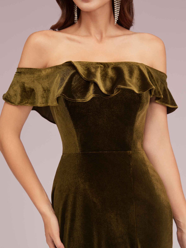 Elegant Off Shoulder Side Slit Long Velvet Bridesmaid Dresses Online For Sale