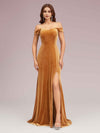 Elegant Side Slit Mermaid Off Shoulder Long Stretch Velvet Formal Prom Dresses Online