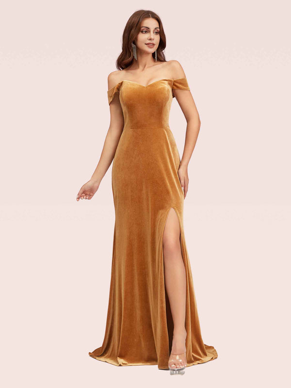 Elegant Side Slit Mermaid Off Shoulder Long Stretch Velvet Bridesmaid Dresses Online