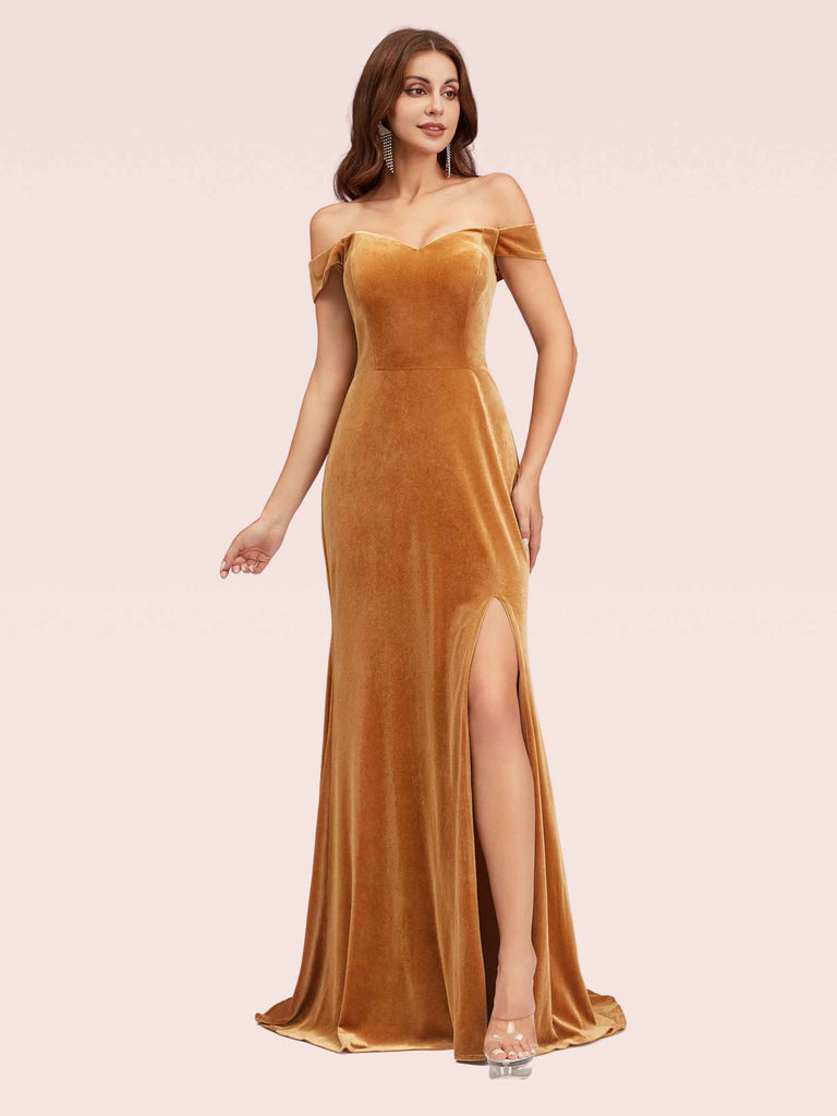 Elegant Side Slit Mermaid Off Shoulder Long Stretch Velvet Bridesmaid Dresses Online Elegant Side Slit Mermaid Off Shoulder Long Stretch Velvet Bridesmaid Dresses Online