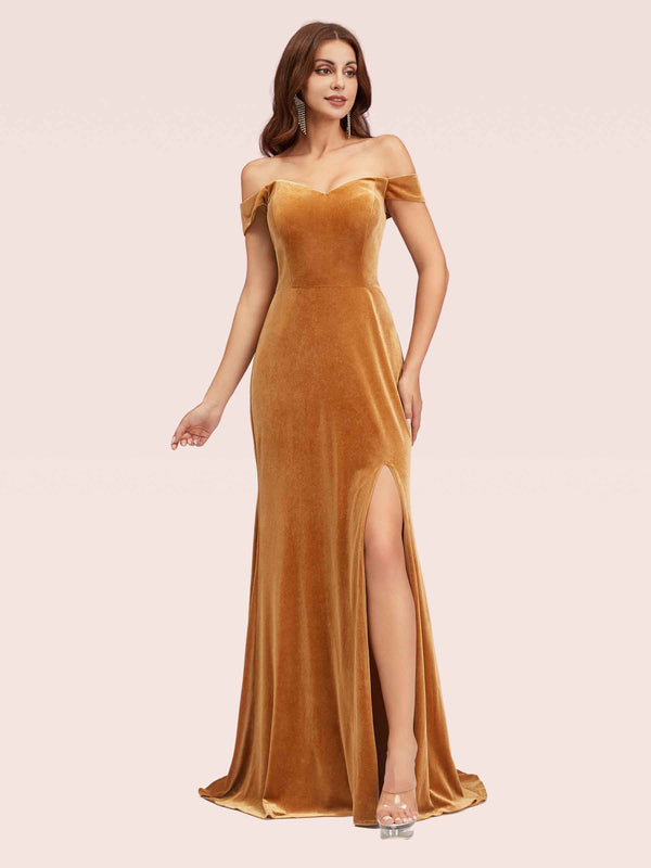 Elegant Side Slit Mermaid Off Shoulder Long Stretch Velvet Formal Prom Dresses Online
