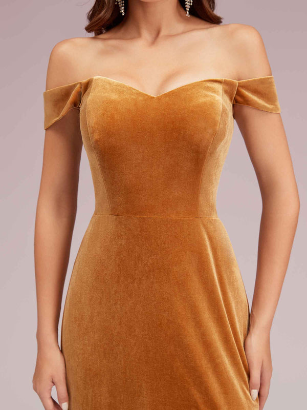 Elegant Side Slit Mermaid Off Shoulder Long Stretch Velvet Bridesmaid Dresses Online