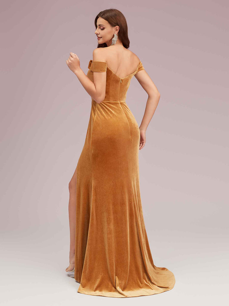 Elegant Side Slit Mermaid Off Shoulder Long Stretch Velvet Bridesmaid Dresses Online Elegant Side Slit Mermaid Off Shoulder Long Stretch Velvet Bridesmaid Dresses Online