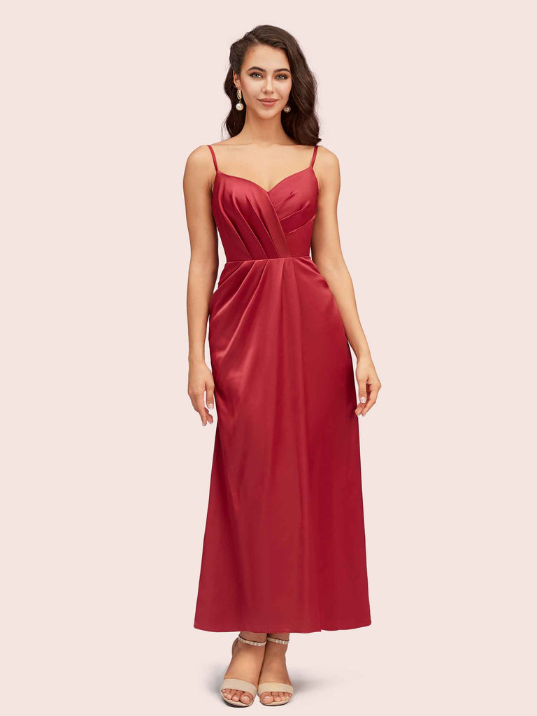 Elegant Spaghetti Straps A-Line Ankle Length Short Satin Bridesmaid Dresses Online Elegant Spaghetti Straps A-Line Ankle Length Short Satin Bridesmaid Dresses Online