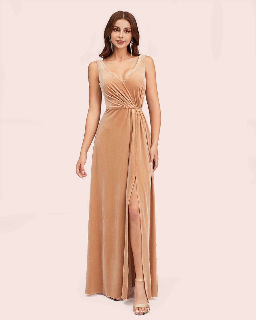 Modern Velvet V-Neck Side Slit Long Bridesmaid Dresses Online