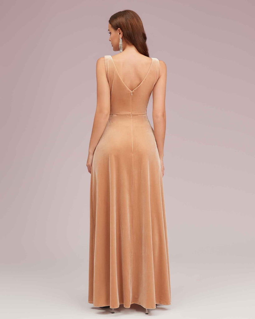 Modern Velvet V-Neck Side Slit Long Bridesmaid Dresses Online