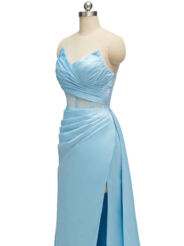 Sexy See Through Sweetheart Side Slit Long Soft Satin Bridesmaid Dresses 2023