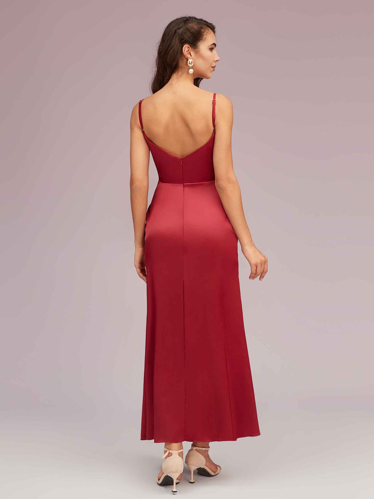 Elegant Spaghetti Straps A-Line Ankle Length Short Satin Bridesmaid Dresses Online