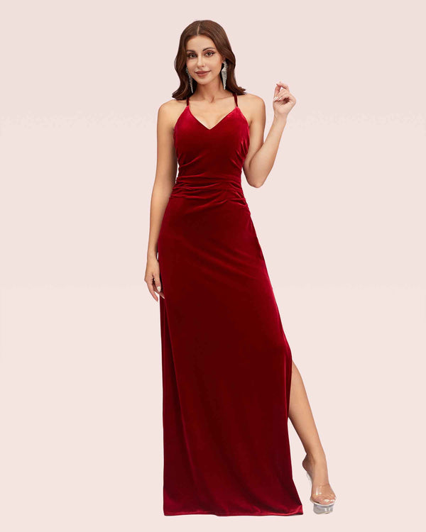 Sexy Velvet Spaghetti Straps V-neck Long Bridesmaid Dresses Online