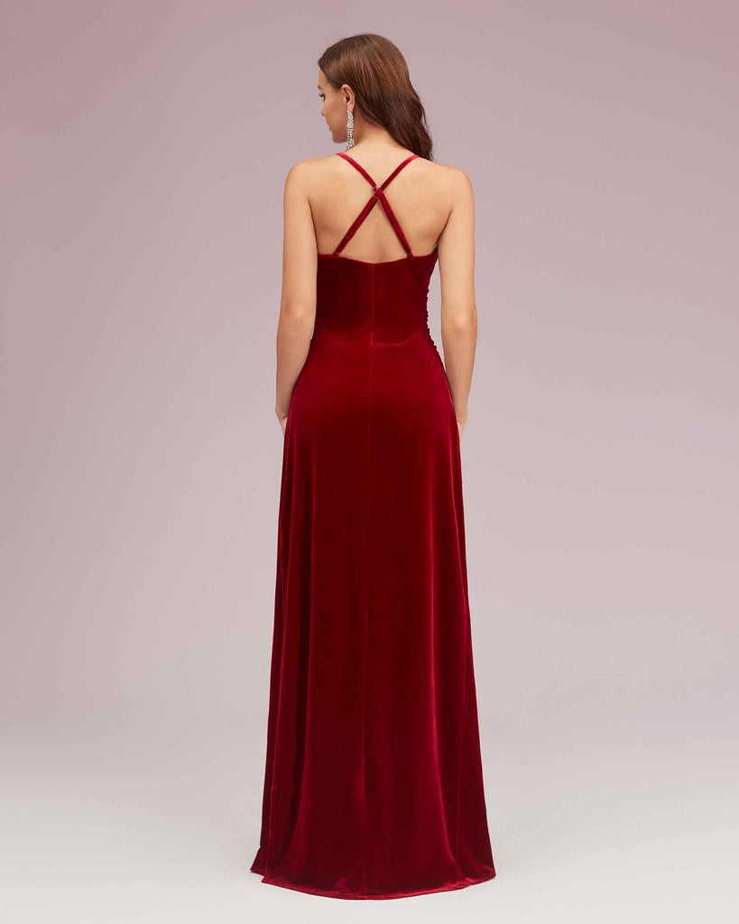Sexy Velvet Spaghetti Straps V-neck Long Bridesmaid Dresses Online