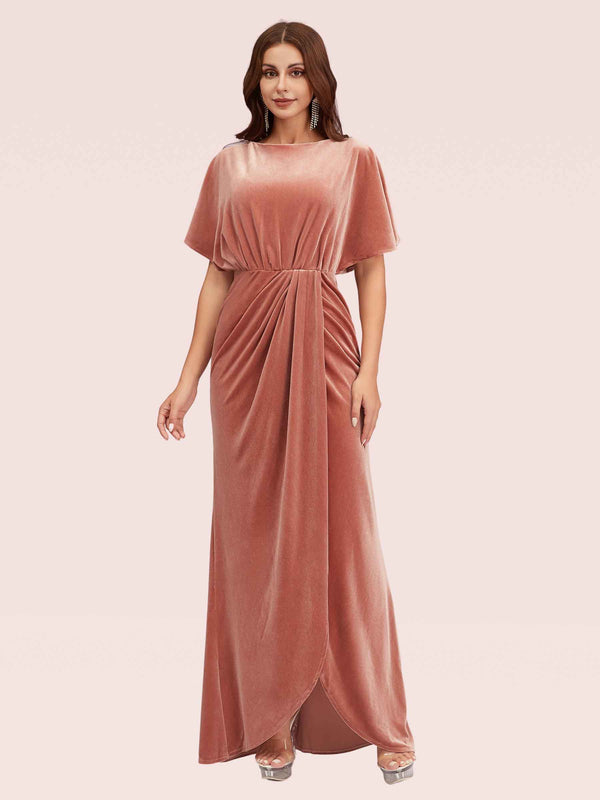 Elegant Velvet Bateau Bat Sleeve Side Slit Long Bridesmaid Dresses With Slit