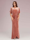 Elegant Velvet Bateau Bat Sleeve Side Slit Long Bridesmaid Dresses With Slit