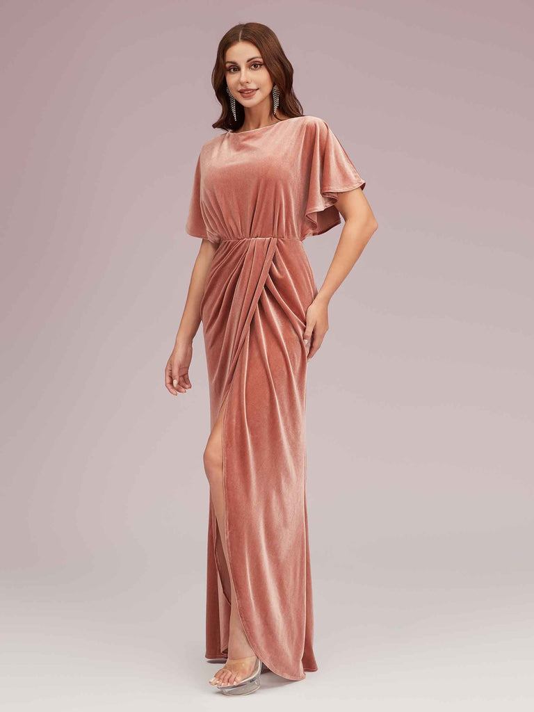 Elegant Velvet Bateau Bat Sleeve Side Slit Long Graduation Prom Dresses With Slit Elegant Velvet Bateau Bat Sleeve Side Slit Long Graduation Prom Dresses With Slit