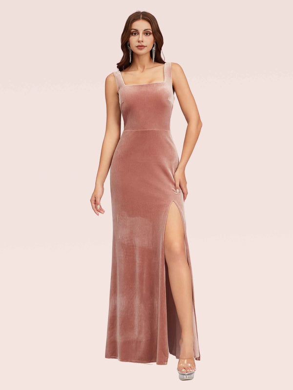 Elegant Velvet Square Neck Sleeveless Long Mermaid Bridesmaid Dresses With Slit