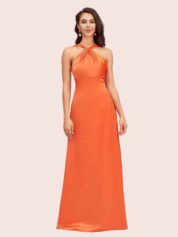 Elegant A-line Halter Sleeveless Floor Length Long Soft Satin Bridesmaid Dresses