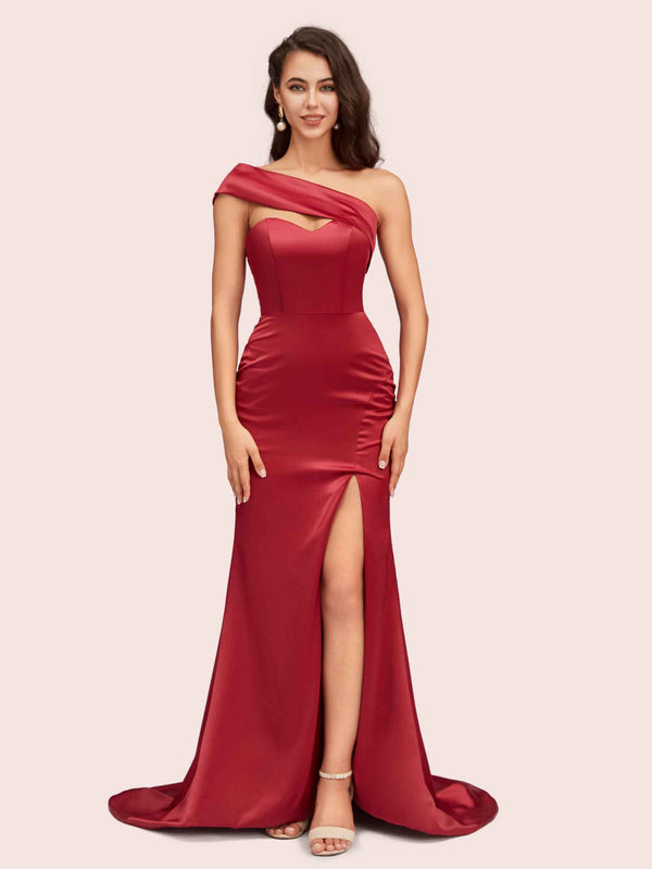 Sexy Mermaid One Shoulder Long Soft Satin Bridesmaid Dresses With Slit