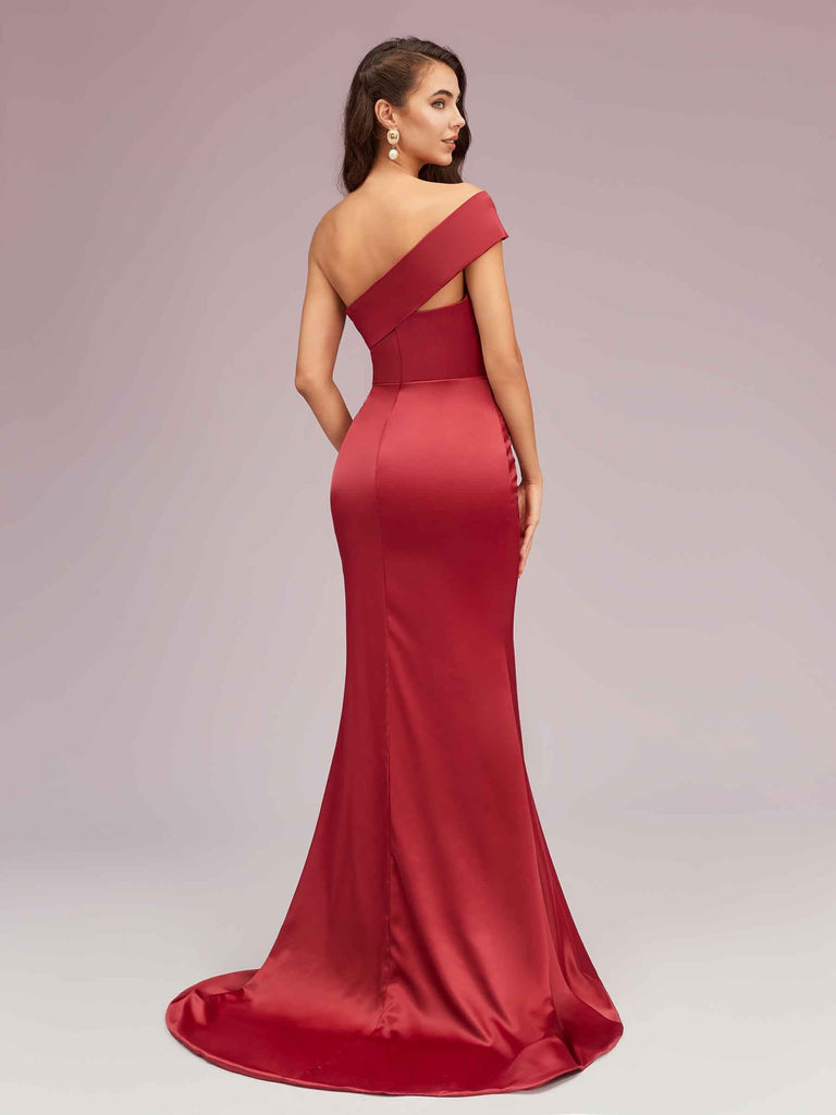 Sexy Mermaid One Shoulder Long Soft Satin Evening Prom Dresses With Slit