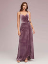 Elegant Velvet Spaghetti Straps V-neck Modern Long Prom Dresses With Slit