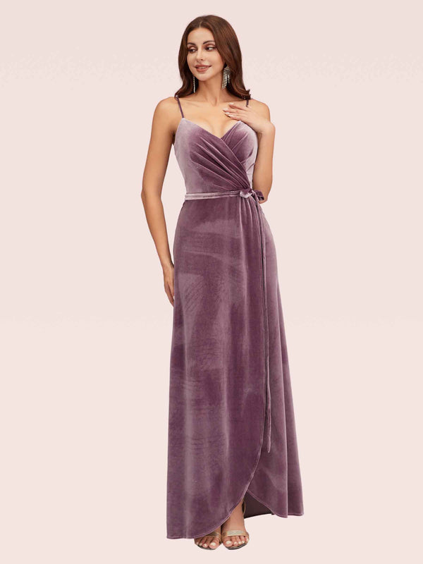 Elegant Velvet Spaghetti Straps V-neck Modern Long Bridesmaid Dresses