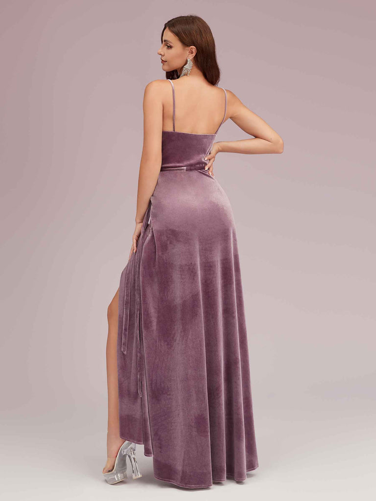 Elegant Velvet Spaghetti Straps V-neck Modern Long Bridesmaid Dresses