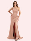 Sexy One Shoulder Side Slit Mermaid Soft Satin Long Matron of Honor Dress For Wedding