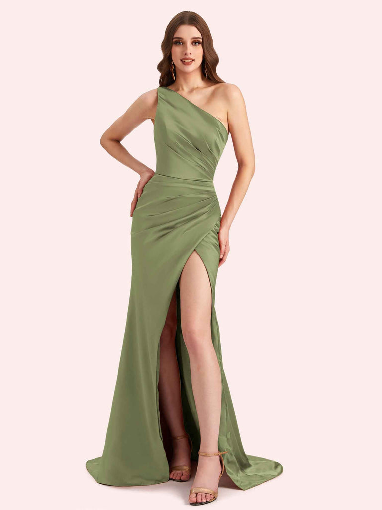 Sexy One Shoulder Side Slit Mermaid Soft Satin Long Matron of Honor Dress For Wedding