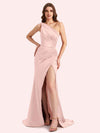 Sexy One Shoulder Side Slit Mermaid Soft Satin Long Matron of Honor Dress For Wedding