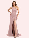 Sexy One Shoulder Side Slit Mermaid Soft Satin Long Matron of Honor Dress For Wedding
