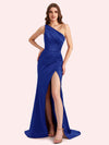 Sexy One Shoulder Side Slit Mermaid Soft Satin Long Matron of Honor Dress For Wedding