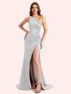 Sexy One Shoulder Side Slit Mermaid Soft Satin Long Matron of Honor Dress For Wedding