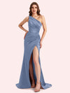 Sexy One Shoulder Side Slit Mermaid Soft Satin Long Matron of Honor Dress For Wedding