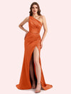 Sexy One Shoulder Side Slit Mermaid Soft Satin Long Matron of Honor Dress For Wedding