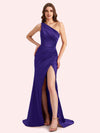 Sexy One Shoulder Side Slit Mermaid Soft Satin Long Matron of Honor Dress For Wedding