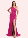 Sexy One Shoulder Side Slit Mermaid Soft Satin Long Matron of Honor Dress For Wedding