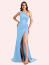 Sexy One Shoulder Side Slit Mermaid Soft Satin Long Matron of Honor Dress For Wedding
