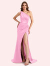 Sexy One Shoulder Side Slit Mermaid Soft Satin Long Matron of Honor Dress For Wedding