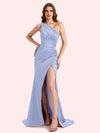 Sexy One Shoulder Side Slit Mermaid Soft Satin Long Matron of Honor Dress For Wedding