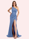 Sexy One Shoulder Side Slit Mermaid Soft Satin Long Matron of Honor Dress For Wedding