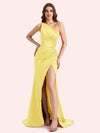 Sexy One Shoulder Side Slit Mermaid Soft Satin Long Matron of Honor Dress For Wedding