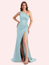 Sexy One Shoulder Side Slit Mermaid Soft Satin Long Matron of Honor Dress For Wedding