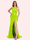 Sexy One Shoulder Side Slit Mermaid Soft Satin Long Matron of Honor Dress For Wedding