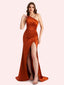 Sexy One Shoulder Side Slit Mermaid Soft Satin Long Matron of Honor Dress For Wedding