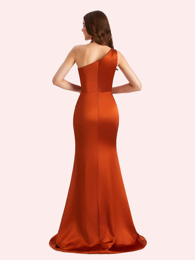 Sexy One Shoulder Side Slit Mermaid Soft Satin Long Matron of Honor Dress For Wedding