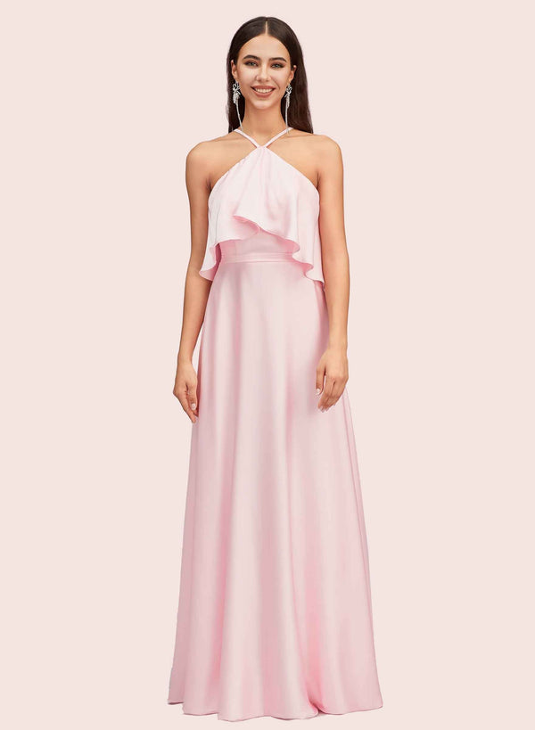 Cute Halter Sleeveless Long Soft Satin Graduation Prom Dresses Online